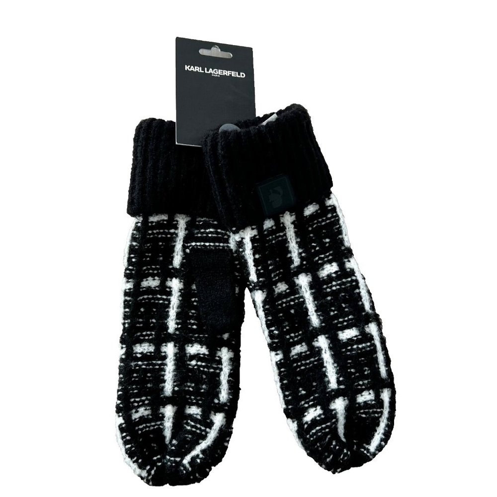 Karl Lagerfeld Paris Knit Cuff Mittens Black White